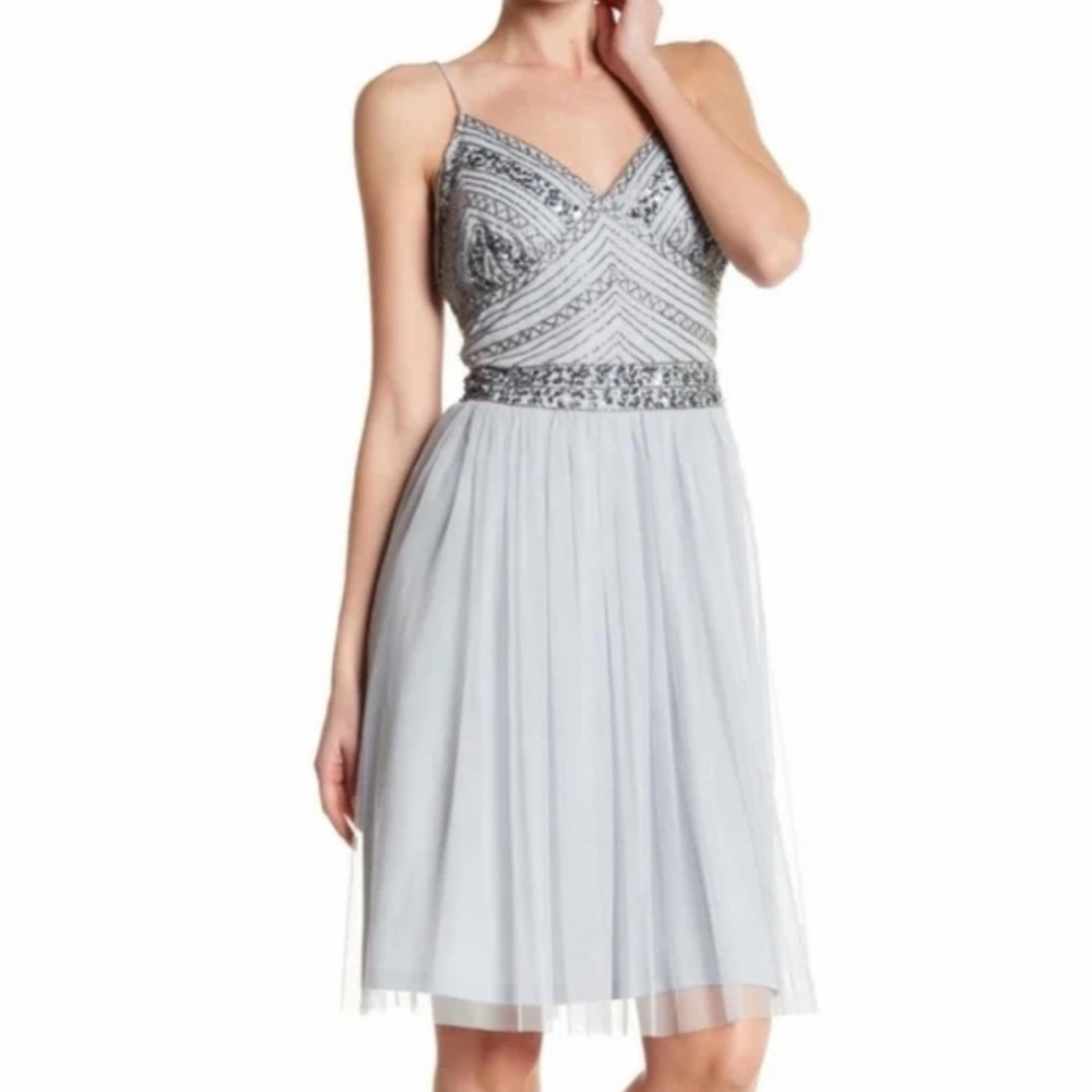 MARINA dress spaghetti strap gorgeous beaded bodice gray silver blue sz 12 EUC